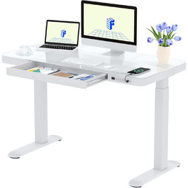 Електричний регульований стіл FLEXISPOT з підняттям, з USB та ящиком, скляна панель 120 x 60 см (сніжно-білий)