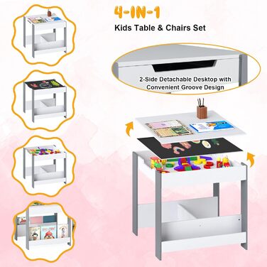 Дитячий стіл LIFEZEAL 3 в 1 з 2 стільцями: стіл для малювання, активностей та обідній стіл. Дерев'яна дитяча група з місцем для зберігання (світло-сірий)