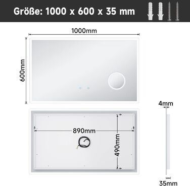 Дзеркало для ванної кімнати SONNI з підсвічуванням 80x60 см, 3 кольори світла, проти запотівання, LED, сенсорне управління, годинник, температура, 3x збільшення