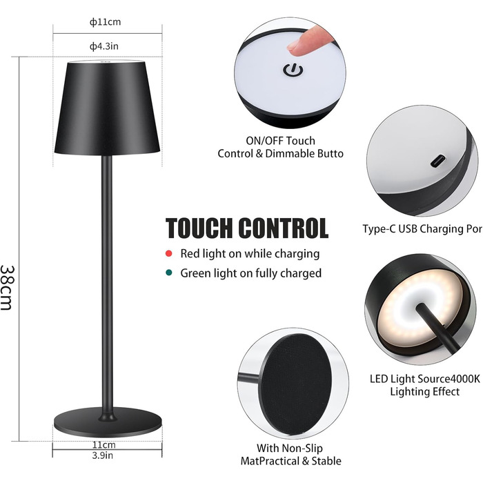 Бездротова LED-лампа настільна з регулюванням яскравості та 3 колірними температурами, сенсорне керування, зарядка через USB-C, для дому, кемпінгу, набір (чорний)