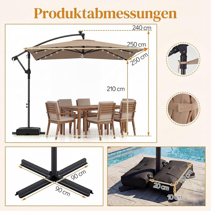 Парасолька від сонця COSTWAY 250x250 см з підставкою та LED-підсвіткою, квадратна садова парасолька з ручкою-курбою, UV-захист, бежева