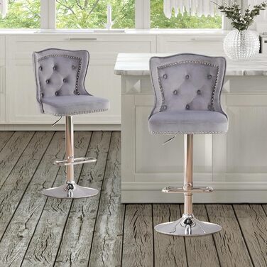 Набір з 2 барних стільців Samt - сучасні стільці для бару з високою спинкою, оббивка велюром, регульована висота, сірий