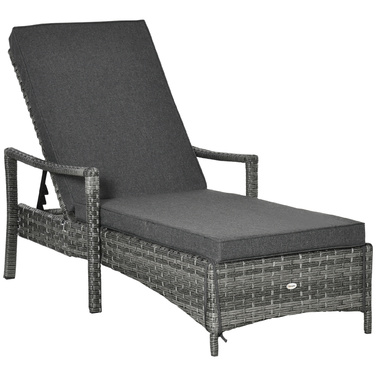 Outsunny Sun Lounger Ротанговий шезлонг Садовий шезлонг з регульованим чохлом на подушці сірий 192x62.5x52.5см для тераси та балкона