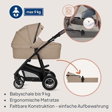 Дитяча коляска Lionelo Bianka 3 в 1 до 22 кг з автокріслом, складна, система подорожей, регулювання спинки, колеса 360°, амортизація, великий капюшон (BEIGE SAND)