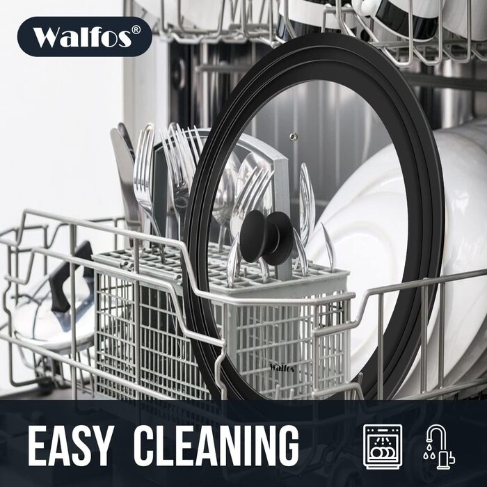 Універсальна скляна кришка для каструль та сковорід Walfos (33, 36, 38 см) з силіконовим обідком, термостійка, чорна