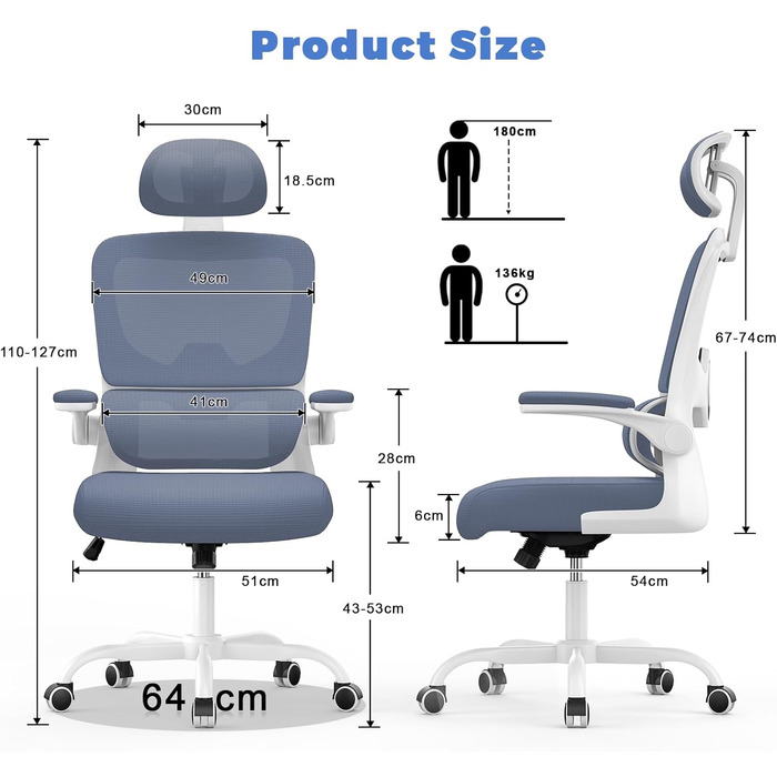Офісний стіл Naspaulro: ергономічний крісло з регульованою підголівником, підлокітниками та підтримкою попереку. Дихаючий сітчастий матеріал для дому та офісу.