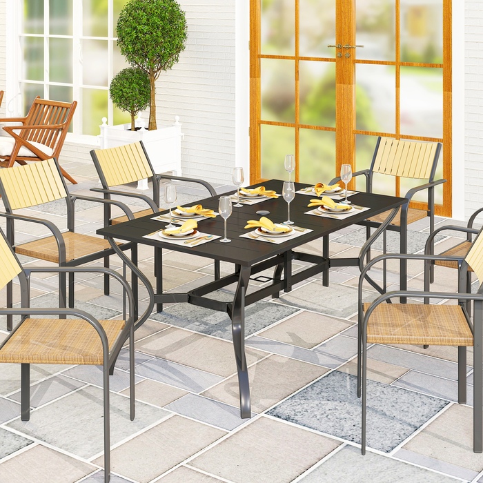 Outsunny Garden Table Сталь 150x90 см Атмосферостійкий балконний стіл з отвором для парасольки, Дизайн планок Фуршетний стіл Кемпінговий стіл на 6 персон Стіл для патіо Відкритий обідній стіл для саду, патіо Балкон чорний
