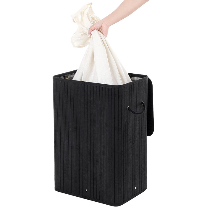 Кошик для білизни SONGMICS об'ємом 72 л, коробка для білизни з кришкою, бамбуковий кошик для білизни з ручками, складна, бавовняна, сумка для прання в пральній машині, пральня, кольори LCB10Y (чорний)