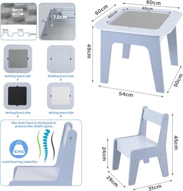 Дитячий стіл MAMIZO з 2 стільцями: комплект меблів для дитячої кімнати, стіл-мольберт, дитячий столик зі стільцями, блакитний