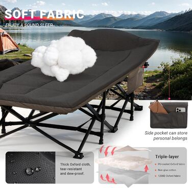 Розкладне кемпінгове ліжко OVERMONT з матрацом, 190x70x40 см, витримує до 250 кг, тканина Оксфорд, з кишенею та сумкою для перенесення, чорне