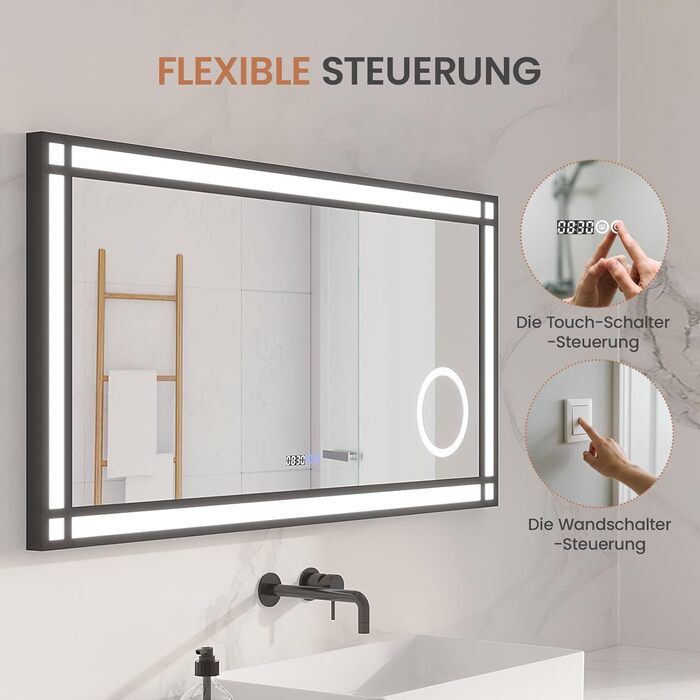 Дзеркало для ванної кімнати AQUABATOS LED з підсвічуванням 50x70 см, імітація вікна, сенсорне регулювання, протитуманне покриття, чорний алюмінієвий каркас, індустріальний стиль, холодний білий світлодіодний дзеркало