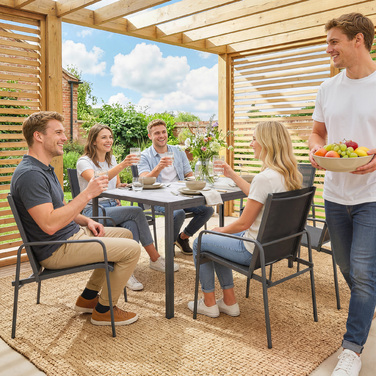 Набір садових меблів: комплект для сидіння 150 x 80 см, стіл з 6 дихаючими стільцями, зовнішній вигляд дерева, сталевий каркас, чорний