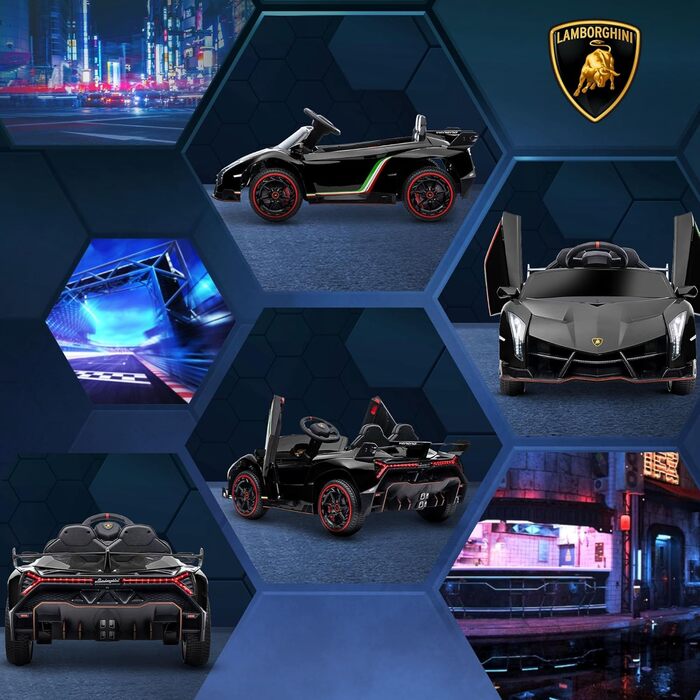 Дитячий електромобіль HOMCOM Lamborghini Veneno 12В з пультом, Bluetooth та музикою, чорний, для дітей 3-6 років