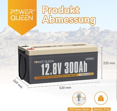 Акумуляторна батарея Power Queen LiFePO4 12.8V100Ah з Bluetooth RV190, понад 4000 часу глибокого циклу, довговічна батарея, ідеальна для автофургонів, автофургонів, тролінгового мотора та кемпінгу (12V300Ah)