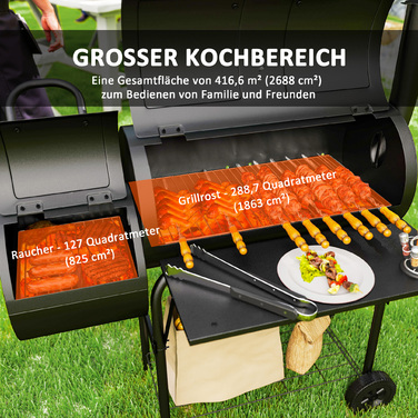 Сталевий вугільний гриль Outsunny BBQ Smoker з кришкою, термометром, колесами, полицею, рухомий гриль-візок з регулюванням подачі повітря, вугільний кошик, вугільний гриль для барбекю, кемпінгу, саду 109x60x120 см | Aosom