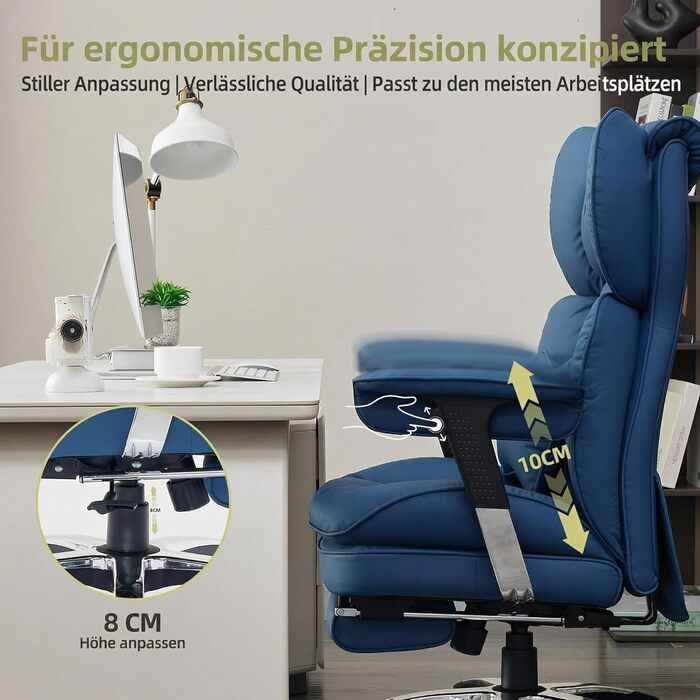 Офісний стілець Efomao X-Stickerei для дому та офісу, шкіряний (PU), з регульованою спинкою, підставкою для ніг та підтримкою попереку, витримує до 200 кг, чорний