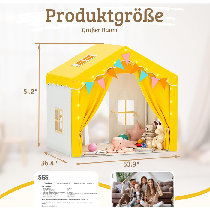 Дитяче намет-будиночок EROMMY 2-в-1 з килимком, прапорцями та світлодіодними смугами, з двома дверцятами, з даховим віконцем, для дому, від 3 років (Жовтий)