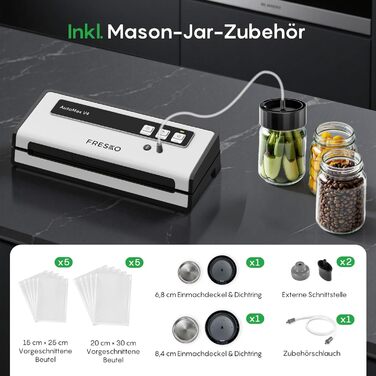 Вакууматор FRESKO Automax V2, автоматичний вакуумний пакувальник 140W з подвійним термозапечатуванням, режимами «Сухий/Вологий» та набором для консервації (чорний)