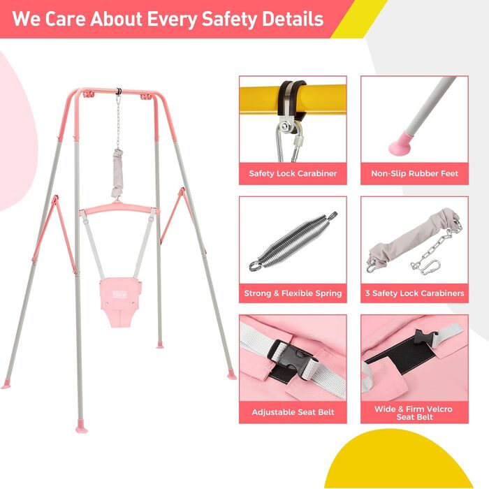 FUNLIO Набір гойдалок 2-в-1 та дверний хопер для малюків, гойдалка для дітей з 4 мішками з піском, складаний металевий стійкий каркас для використання в приміщенні та на вулиці, легко збирається та зберігається - (Рожевий)