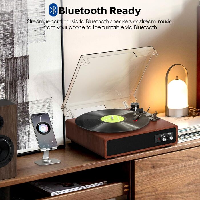 Вініловий програвач FYDEE з Bluetooth, вбудованими стереодинаміками, 3 швидкостями (33/45/78 об/хв), RCA-виходом, AUX-входом, ретро дизайн, темно-коричневий