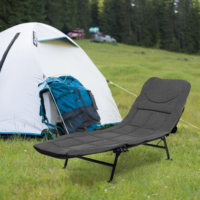 Складане ліжко для риболовлі та кемпінгу GOPLUS, посилене (до 200 кг), з регульованою спинкою (6 позицій) та спеціальними опорами для м'якого ґрунту, сіре