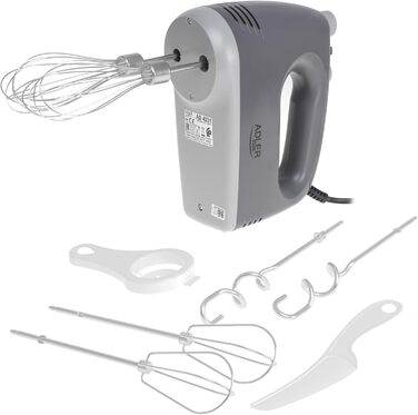 Міксер ручний ADLER 750W з насадками (вінчик, гак, лопатка, сепаратор) сірий