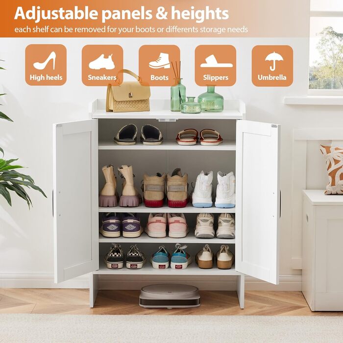Шафа для взуття 5-ярусна в стилі фермерського дому з 2 дверцятами, самостійна шафа для взуття з регульованою полицею та металевими кутовими прикрасами для передпокою та коридору, біла