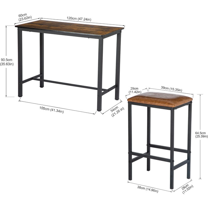 Набір барних столів buybyroom Барний стіл 4 барні стільці, вінтаж коричнево-чорний, стіл 120x60x90.5см