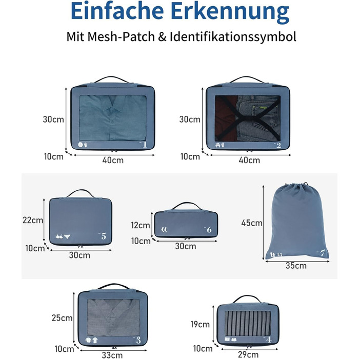 Набір органайзерів для валізи та рюкзака ECOHUB, 7 предметів, дорожні сумки-пакувальники з переробленого PET-пластику (Синій)