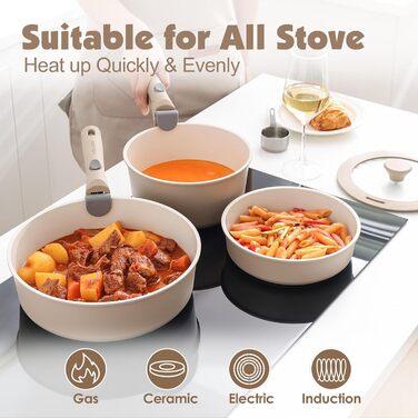 Набір посуду SENSARTE з керамічним покриттям, 17 предметів. Антипригарне покриття, знімні ручки, підходить для всіх типів плит, безпечний для миття в посудомийній машині та духовки. Без PFAS, PTFE, PFOA, PFOS (Бежевий)