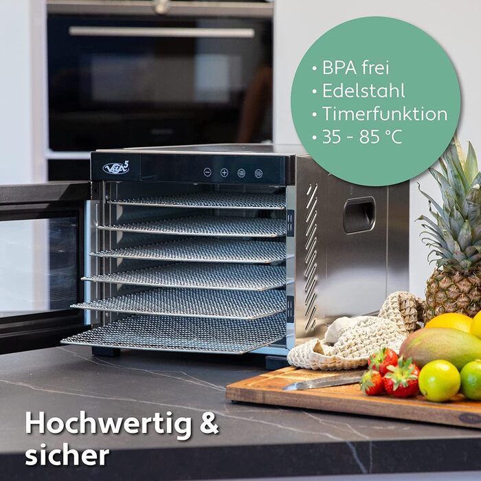 Дегідратор Vita 5 з 6-ма решітками з нержавіючої сталі - 0,7 м² сушарної поверхні, регулювання температури (35-75°C) для фруктів, овочів, м'яса. 650W, 24H таймер, LED дисплей, 6 етапів, нержавіюча сталь