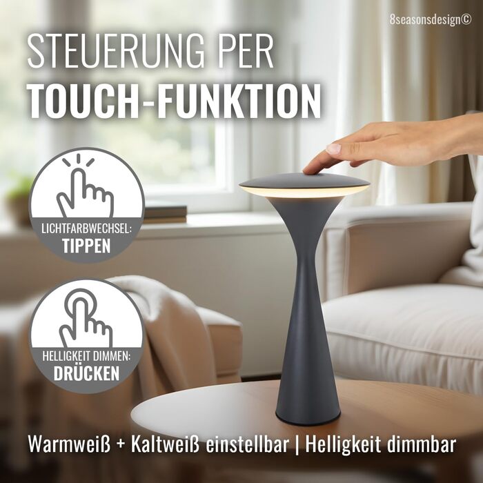 Торшер бездротовий 8 Seasons Design, диммування, Outdoor & Indoor, Hello Space, USB зарядка, 27см, алюміній (слонова кістка), LED тепле біле - холодне біле світло, сенсорне керування, акумуляторний, 2x антрацит