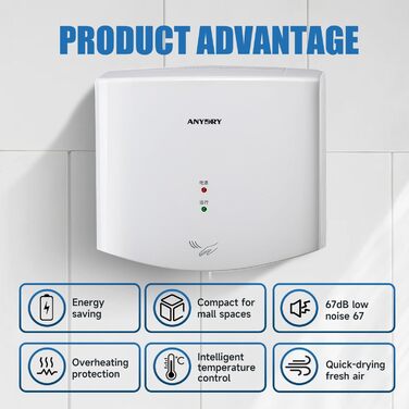 Anydry 2630S: Компактний електричний сушар для рук з автоматичним керуванням, для монтажу на стіну, для дому та комерційних приміщень, 1400-1650W, білий