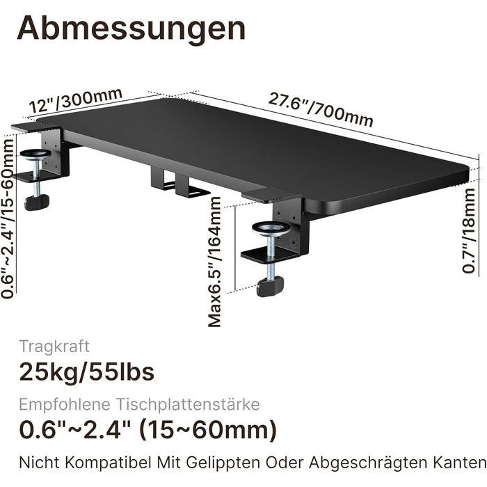 Підставка для ноутбука на стіл ергономічна, 700x300 мм, з підставкою для клавіатури та регульованою підлокітником, чорна | Розширювач столу для дому та офісу