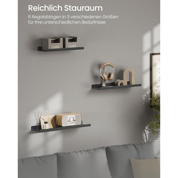 Набір металевих настінних полиць SONGMICS (3 шт), підвісні полиці в індустріальному стилі для вітальні, кухні та ванної кімнати, чорні, LFS12BK