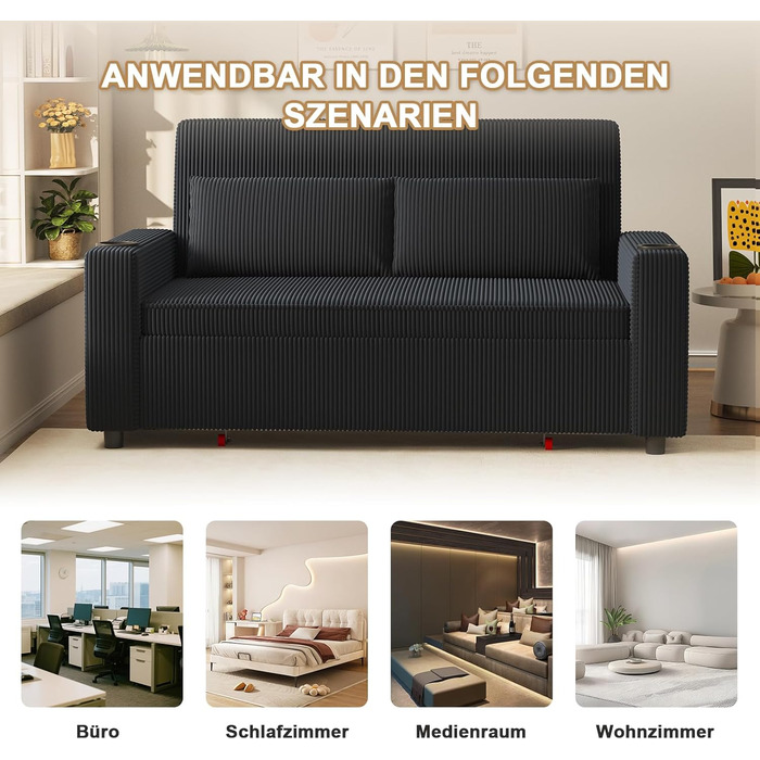 Диван-ліжко JUMMICO 2-місний розкладний з подушками, оббивка корд, чорно-синій, 75x160x93 см. Диван для вітальні та спальні з підсклянником