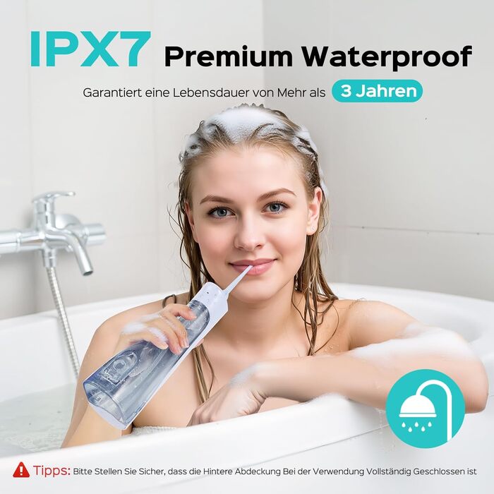 COSLUS Душова насадка електрична бездротова, Testsieger 2026: 20 рівнів тиску води, IPX7 водонепроникність, точна технологія Anti-Splash, 4 режими для здоров'я ротової порожнини, для щоденного використання та подорожей, 5 інтенсивностей (блакитний)