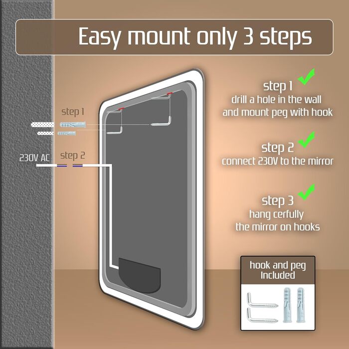 Дзеркало для ванної кімнати Venti 50x70 см з підсвічуванням та сенсорним вимикачем, LED дзеркало для ванної кімнати