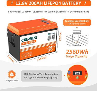 Акумулятор 12V 200Ah CREABEST LiFePO4, інтегрований BMS, Bluetooth, 2560 Вт, для автофургону, сонячної системи, поза мережею