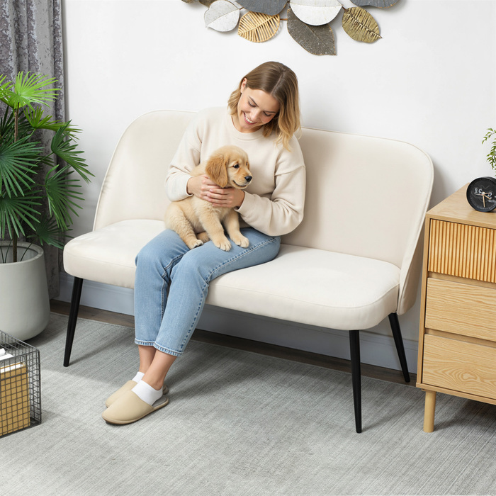 Двомісний диван, сучасний м'який диван з металевим та дерев'яним каркасом, оксамитовий (або велюровий) чохол, бежевого кольору.