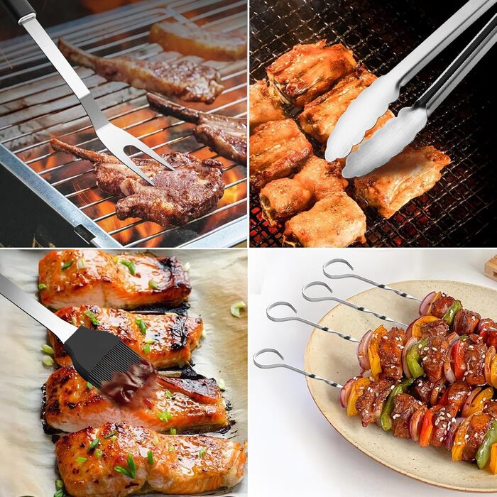 Набір гриль-посуду Profi з нержавіючої сталі: аксесуари для гриля, інструменти для приготування їжі на грилі та барбекю. Чудовий подарунок для чоловіків та жінок. Чорний колір.