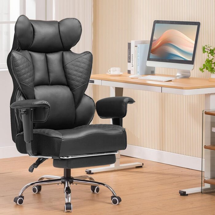 Ігровий крісло COMHOMA з ергономічною підтримкою спини, регульованими підлокітниками та широким сидінням (150 кг, чорний)