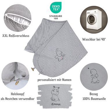 Подушка для вагітних Sei Design XXL з екологічної тканини Öko-Tex | Ергономічна подушка для сну та годування | Тиха екологічна наповнювач. Чохол 100% бавовна (персоналізований бежевий у смужку, подушка для годування 190x30)