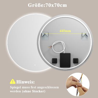 LED-дзеркало для ванної кімнати з підсвічуванням, кругле, 50 см, сенсорне управління, регулювання яскравості, функція пам'яті, HD скло, захист від вибуху, 3 кольори світла, 70x70 см