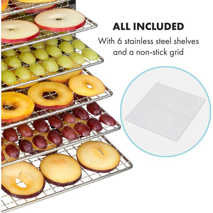 Електричний дегідратор Klarstein Flavour Dry з нержавіючою сталлю, 6 решіток, LCD-дисплеєм, таймером та 360° циркуляцією повітря