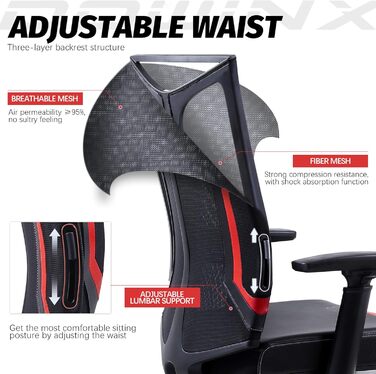 Ігровий крісло Dowinx для офісу та дому з підлокітниками 3D, регульоване, з функцією гойдання, шкіряне, поворотне, чорний/сірий (чорний/червоний)