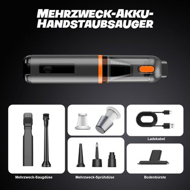 Акумуляторний ручний пилосос для авто та дому 4-в-1, безщітковий мотор, потужність 26000Па, 3 режими всмоктування, з підсвіткою (Помаранчевий)