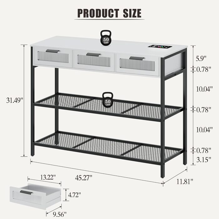 Консольний стіл Lvifur з 3 ящиками, світлодіодним підсвічуванням, регульованими ніжками та розумною зарядною станцією (білий)