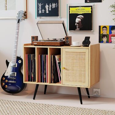 COSTWAY Стійка для програвача з зарядкою, стіл для зберігання вінілових платівок, меблева шафа з ротангу та дерева, підставка для 220 платівок, 80 x 40 x 65 см (натуральний колір)