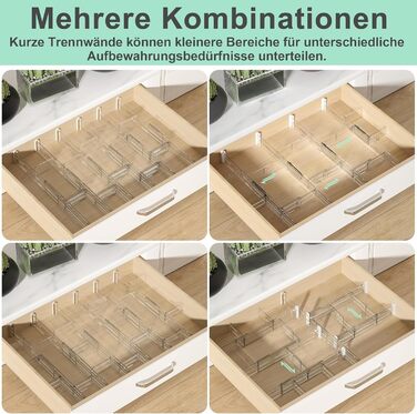 FUNIZE Регульовані роздільники для ящиків з вставками, 8 шт., роздільники 32-58 см + 16 шт. вставок 9-18 см, органайзер для ящиків, кухня, спальня, офіс, прозорий, 6 см висота